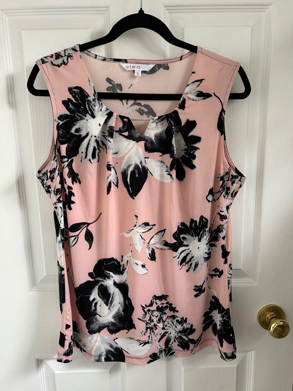 cleo Pink Floral Sleeveless Keyhole Tank with Black Accents